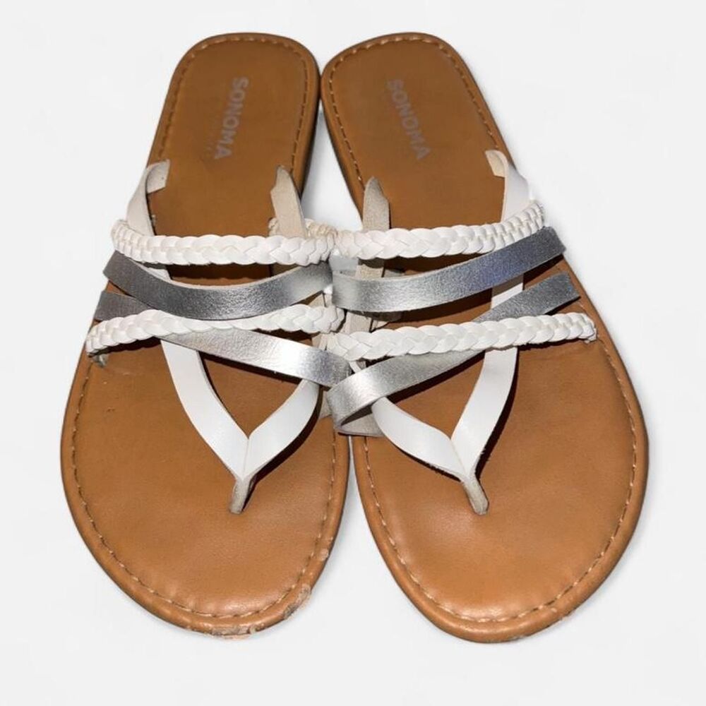 White and Silver Braided Strappy Flip Flop Sandals from Sonoma, size 6